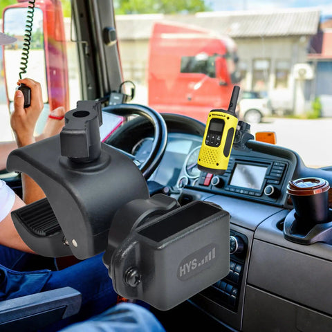 Heavy-Duty Motorcycle Walkie Talkie Mount for Bikes and ATVs in car interior, black ABS clamp on dashboard.