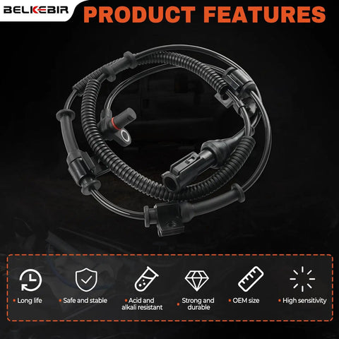 Front Abs Wheel Speed Sensor Pair For 2005 To 2010 Ford F250 And F350 Super Duty Trucks showing product features and durability details.
