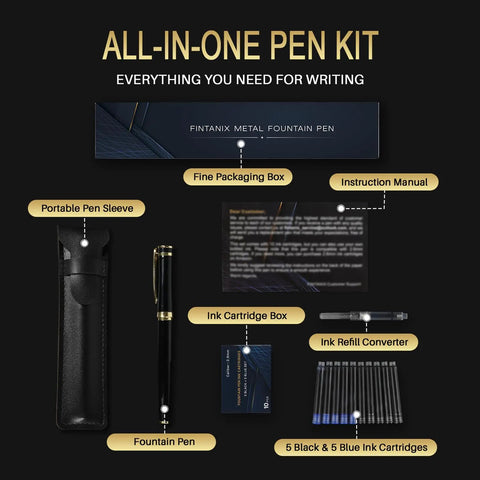 Premium Black Finish Fountain Pen With Fine Nib, Smooth Ink Flow, Full Starter Set Including Cartridges, Converter And Sleeve