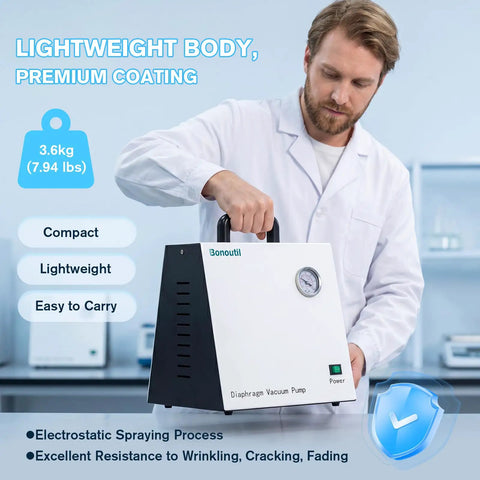 Oil Free Diaphragm Vacuum Pump With 20 Liter Per Minute Flow Rate And No Sweat Suction for compact and lightweight lab use.