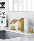 Brushed Gold Waterfall Bathroom Faucet, 8-Inch Widespread 3-Hole Sink Faucet with solid brass valve, ICC-ES PMG Certified
