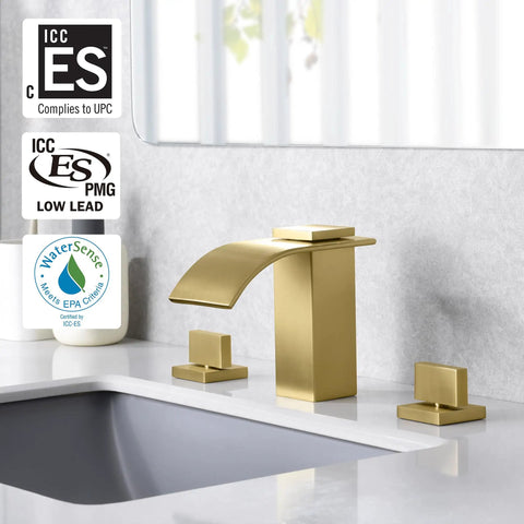 Brushed Gold Waterfall Bathroom Faucet, 8-Inch Widespread 3-Hole Sink Faucet with solid brass valve, ICC-ES PMG Certified