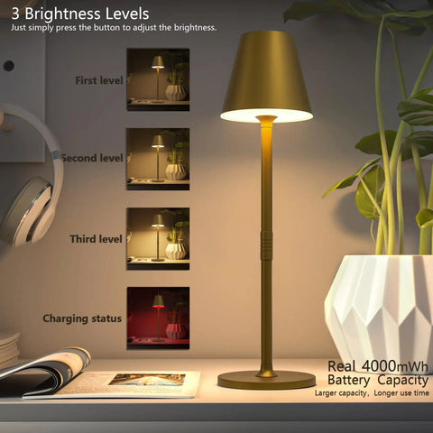 Cordless 2 Pack Desk Lamps With 5000mAh Rechargeable Battery And 3 Level Dimmable LED Night Light on desk with brightness chart