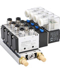 4 Station Solenoid Valve Manifold for Pneumatic Systems, 24V DC 5 Way 2 Position Air Valve with Manifold Base and Mufflers, Model 4V210-08