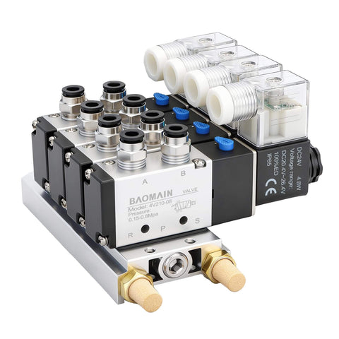 4 Station Solenoid Valve Manifold for Pneumatic Systems, 24V DC 5 Way 2 Position Air Valve with Manifold Base and Mufflers, Model 4V210-08