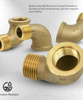 Front view of 1-inch brass street elbow 90-degree pipe fitting with male and female NPT threads, corrosion resistant.