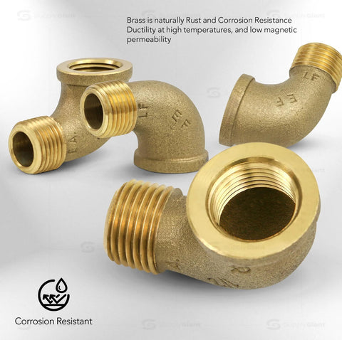 Front view of 1-inch brass street elbow 90-degree pipe fitting with male and female NPT threads, corrosion resistant.