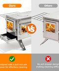 Stainless Steel Portable Tent Stove With Crack Resistant Ceramic Glass featuring pull-out ash drawer vs other model