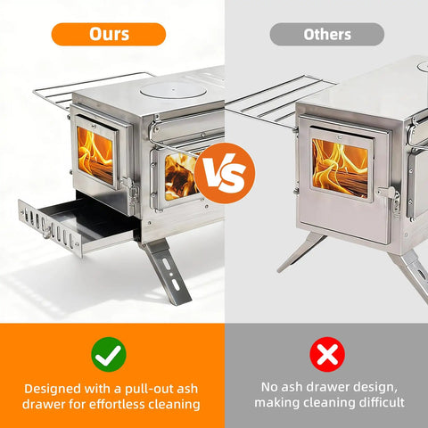 Stainless Steel Portable Tent Stove With Crack Resistant Ceramic Glass featuring pull-out ash drawer vs other model