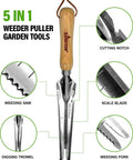 Five In One Hand Weeder Puller Tool For Garden Weeds Dandelion Fork And Weeding Knife with wooden handle and multiple uses depicted