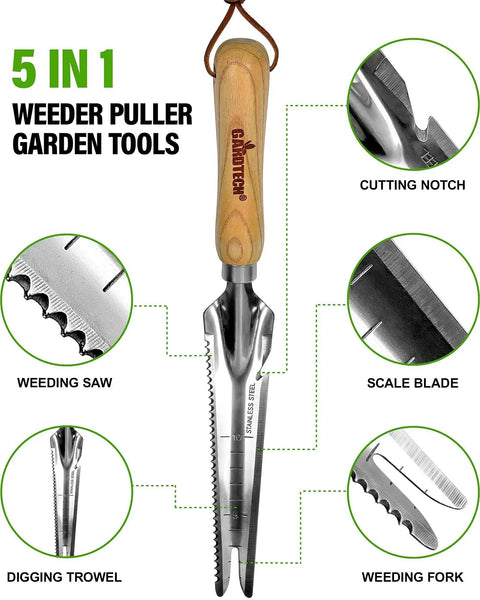 Five In One Hand Weeder Puller Tool For Garden Weeds Dandelion Fork And Weeding Knife with wooden handle and multiple uses depicted