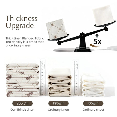 Comparison of Farmhouse Diamond Geometric Curtain Panels' 250GSM linen thickness versus ordinary linen and sheer