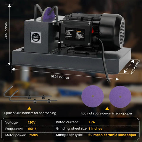 Badass Heavy Duty Lawn Mower Blade Sharpener With Nine Inch Grinding Disc And One Horsepower Motor showing 9-inch grinding wheel and 750W motor.