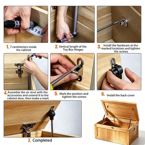 Step-by-step installation of 2 Pack 15 Inch Soft Close Toy Box Hinges With Gas Strut Safety Lid Support in cabinet setup.