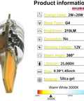 G4 Bi Pin LED Bulb 2W Equal To 20W Warm White 3000K, 210 Lumens, AC DC 12V specifications, including size and material