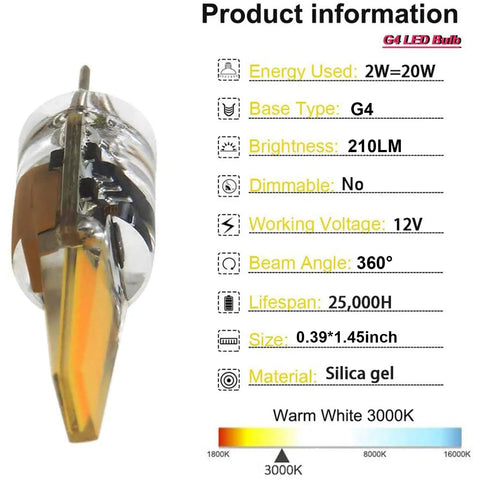 G4 Bi Pin LED Bulb 2W Equal To 20W Warm White 3000K, 210 Lumens, AC DC 12V specifications, including size and material