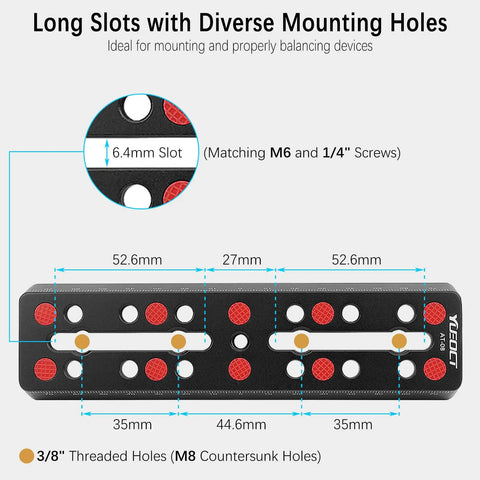 Vixen Style Dovetail Mounting Plate With 160mm Telescope Rail Bar showing diverse mounting holes and measurements.