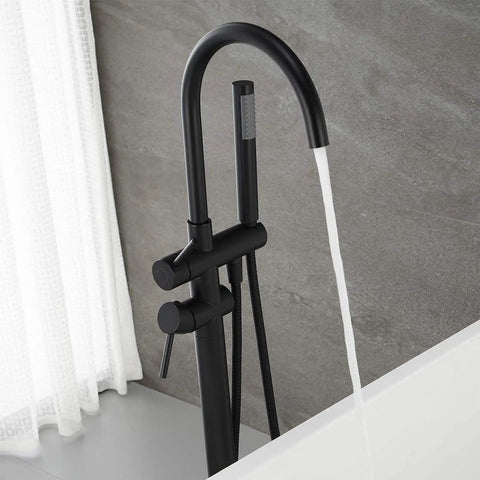 Side view of the Freestanding Tub Filler Faucet Dope Matte Black Floor Mounted With Handheld Shower Brass Mixer Taps Swivel Spout
