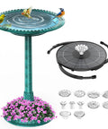 Front view of 28 Inch Solar Powered Bird Bath With 3.5 Watt Fountain Kit And 8 Nozzles For Outdoor Backyard Garden Courtyard Weather Resistant Polyresin Pedestal Green Finish with birds and flowers.
