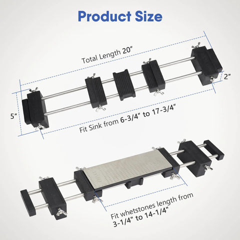 Sink Bridge Whetstone Holder Heavy Duty Stainless Steel Sharpening Stone Base with dimensions 20"x5"x2" for secure use.