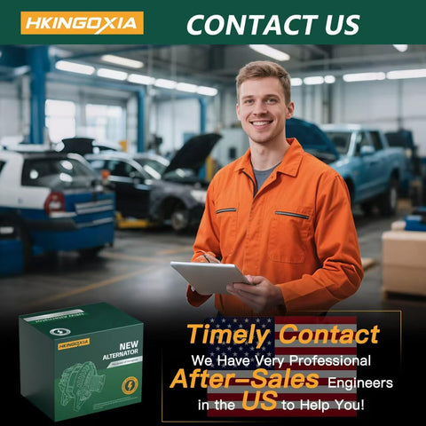 Contact us for after-sales service, man in orange coveralls in auto shop, new alternator box. Boost Your Ride With 80A High Output Automotive Alternator Replacement For Subaru Impreza And Forester H4 Engines 99 02 Easy Fit With 6-Groove Belt, Includes A002TB2991 And 23700 AA390, Durable Power For Daily Driving And Quick Battery Recharges.