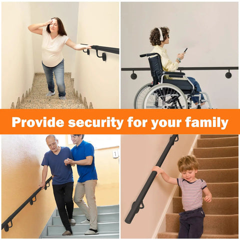 Top Shelf 7 Foot Industrial Pipe Stair Handrail In Classic Matte Black Finish for family safety on stairs, accessible for all.