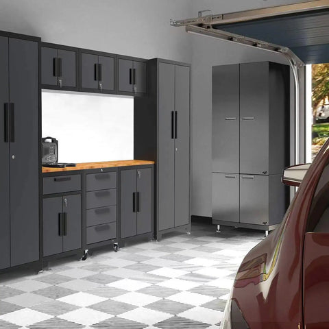 Black and grey 9 Piece Workshop Set With Steel Drawers Rolling Chest Locked Storage Cabinet And Wall Cabinets in a garage