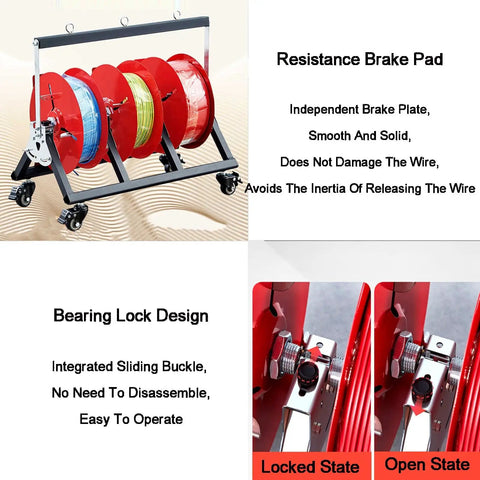 Heavy Duty Wire Spool Rack Holder with red spools and wheels; Industrial Steel Dispenser with 330 lb Load Capacity for workshop use