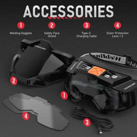 Auto Darkening Welding Goggles With Mask And LED Lighting Type-C Charge True Color View Four Arc Sensors accessories