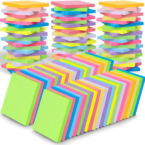 Bulk 60 Pads Sticky Notes 3 By 3 Inches 75 Sheets Each In 12 Colors displayed in rows, showcasing multicolor memo pads for classroom use.