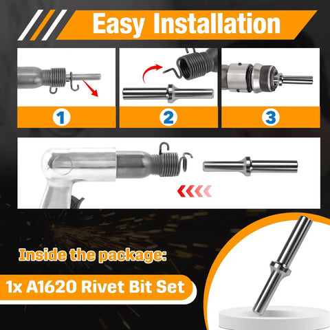 Installation process of A1620 Pneumatic Air Hammer Rivet Bit Set For 3/16 Inch Universal Rivets Dome And Countersunk Heads