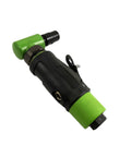 Quarter Inch Air Drive Angle Die Grinder Equipped With A Rotating 360 Degree Exhaust Hood To Blast Dust Off Your Workspace side view with green accents