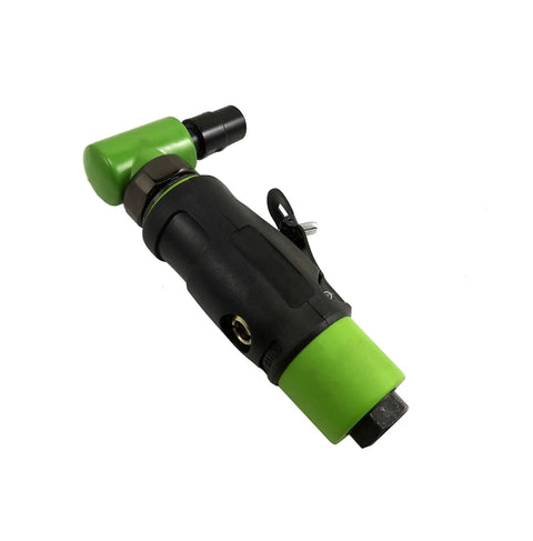 Quarter Inch Air Drive Angle Die Grinder Equipped With A Rotating 360 Degree Exhaust Hood To Blast Dust Off Your Workspace side view with green accents