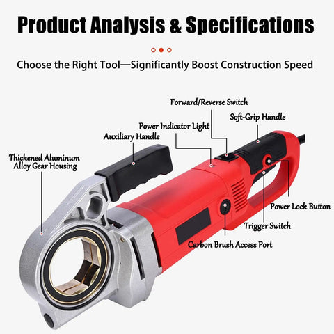 Heavy Duty Electric Pipe Threader 1/2 To 2 Inch With 2300 Watt Pure Copper Motor features thick aluminum gear housing and power controls.