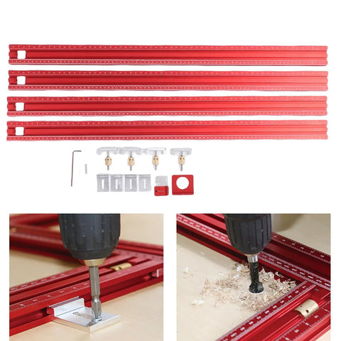 Adjustable Aluminum Router Template With 800 Millimeter Guide Rail And Dual Measurement Scales For Precision Woodworking Projects Smooth As Butter So You Can Nail It Fast, showing red guide rails and accessories.