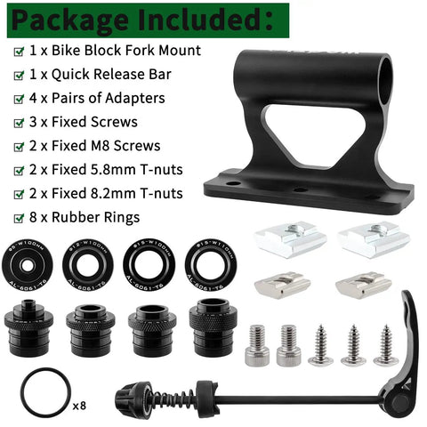 Package contents of 2023 Upgraded Quick Release Thru Axle Bicycle Fork Rack Block With Four Adapters, screws, and rubber rings
