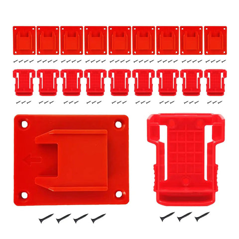 Heavy Duty Wall Mount Tool And Battery Organizer Kit For Milwaukee M18 18V with 10 tool holders, 10 battery clips, and screws.