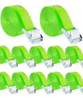 Top Shelf Heavy Duty Cam Buckle Tie Down Straps 1x12 Feet 12 Pack With Bulletproof Grip for flatbed trailers, featuring twelve green straps.