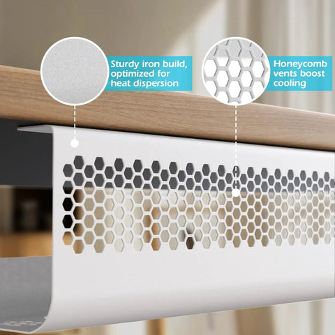 Under Desk Cable Management Kit 26 Piece Hexagonal Ventilated Design with honeycomb vents under wooden desk