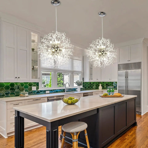 Chrome Modern Crystal Chandelier Firework Pendant Light With Bubble Crystal Orbs above kitchen island