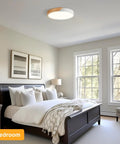 Modern LED Ceiling Light With Wood Flush Mount Design in bedroom, circular lighting fixture, acrylic lampshade, 15.8 inch diameter