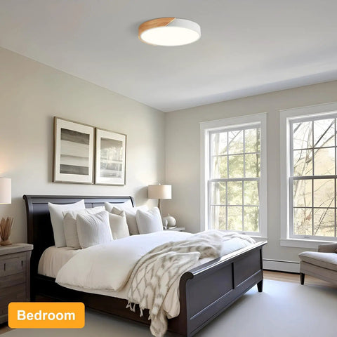 Modern LED Ceiling Light With Wood Flush Mount Design in bedroom, circular lighting fixture, acrylic lampshade, 15.8 inch diameter