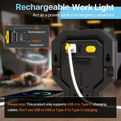 Two Pack Rechargeable Work Light 40W With Magnetic Base and USB-C charging port, shown with power bank functionality.
