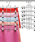 Heavy Duty Metal Pants Hangers With Clips arranged with multiple colorful skirts on a sleek silver six tier rack.