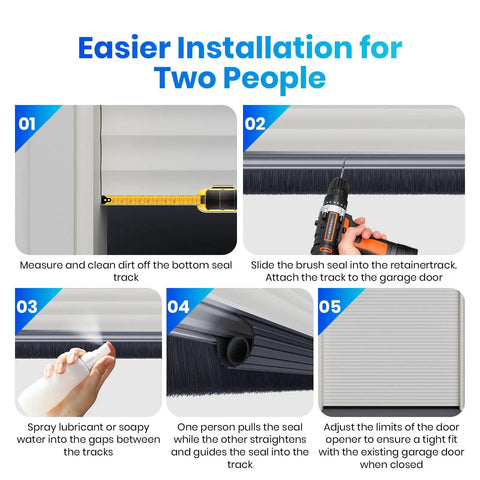 Step-by-step installation guide of Garage Door Seal Kit For Steel Wood And Aluminum Doors with 2 Inch Brush and U Plus O Rubber