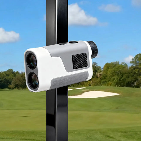 Golf Rangefinder Holder With Magnetic Mounts on metal cart, easy access for quick distance checks during golfing