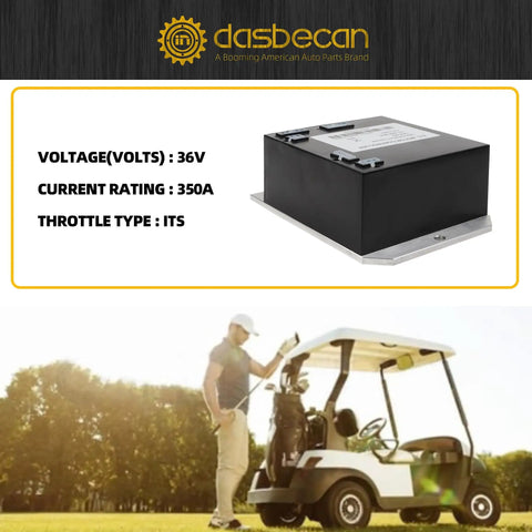 EZGO TXT Golf Cart Motor Controller 36V PDS 350 Amp Replacement Drop-In For 2000-2009 Fits Curtis shown next to golfer and cart