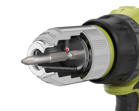 Close-up view of the 13mm quick-load chuck of the Badass 18V Brushless Cordless Drill with torque settings.