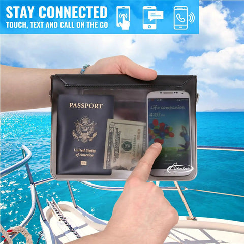 Waterproof Phone Pouch And Waist Bag Set For Iphone 11 Through 16 Pro Max IPX8 Dry Bag with passport and phone on a boat.