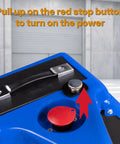 Heavy Duty Electric Pallet Jack With 3,300 Lbs Capacity And 48V Lithium Battery top view showing power controls and stop button.